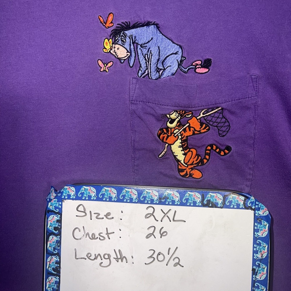 VTG Disney T Shirt Men 2XL XXL Purple Eeyore Tigger Pooh Embroidered Pocket Tee - Picture 6 of 8